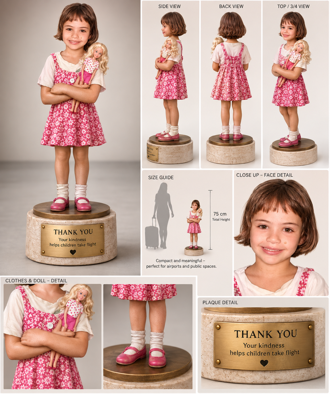 Lifelike statue of a young girl in a pink floral dress holding her doll, standing on a stone plinth with a brass thank-you plaque